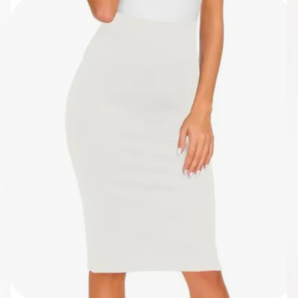 Hera Collection Midi Pencil Skirt White Knit Elastic Waist Pull On